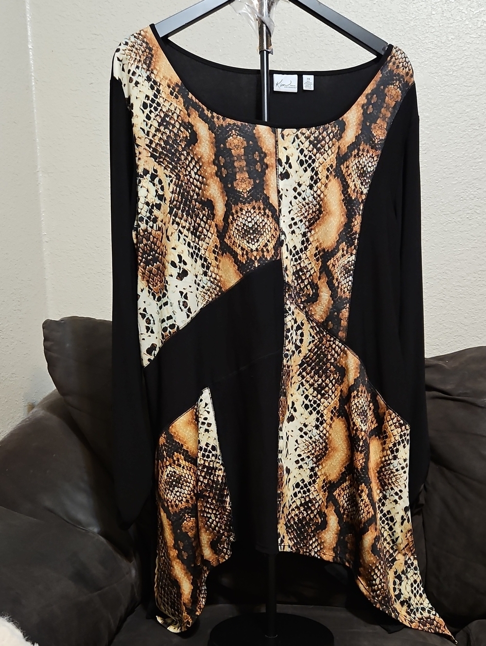 Kim Rogers Black Tunic with Brown Snake-Print Panels